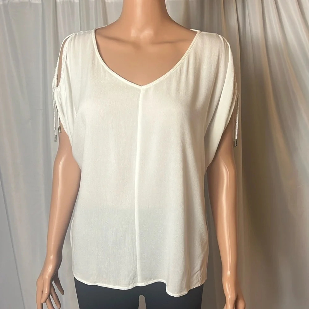 Juicy Couture Cream Cold Shoulder Blouse XS Drawstring Sleeve Boho Top